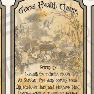 May include: A vintage-style charm with a brown background and gold accents. The charm features an illustration of spirits flying beneath the autumn moon. The text reads "Good Health Charm" and includes a poem about spirits flying beneath the autumn moon and lifting shadows and sickness.