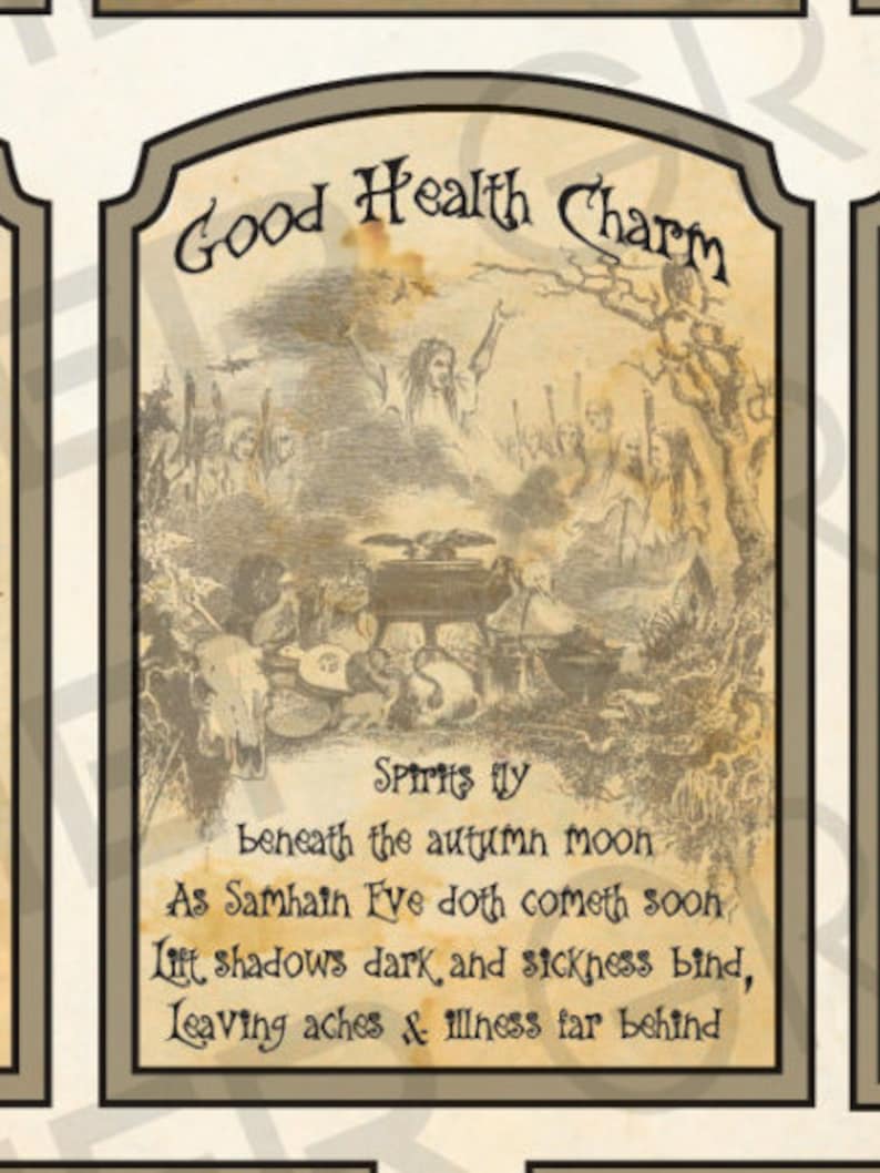 May include: A vintage-style charm with a brown background and gold accents. The charm features an illustration of spirits flying beneath the autumn moon. The text reads "Good Health Charm" and includes a poem about spirits flying beneath the autumn moon and lifting shadows and sickness.