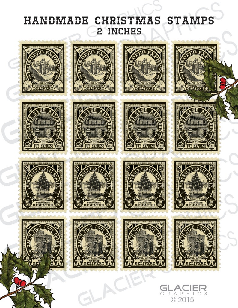 Christmas Stamps for Labels Tags Digital Download Printable DIY Vintage Style Clip Art Images Collage Sheet Vintage Christmas Printable
