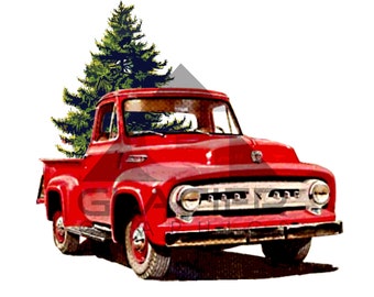 Vintage Red ford Truck & Christmas Tree Farm PNG File Transparent Background for Scrapbooking Decoupage Signs Prints Christmas Truck Clipart