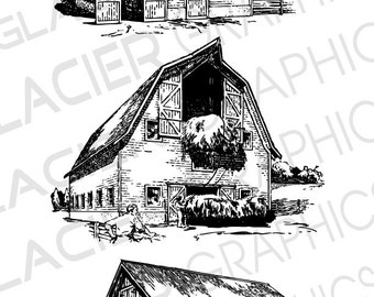 3 Barn Illustrations Vintage Barn Clipart Vector Copyright Free Printable Barn Illustrations Digital Download Barn Drawings Vector Barn