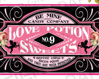 Love Potion No. 9 Vintage Valentine Sweets Label Digital Download Collage Sheet Gift Tag Scrapbook Printable Gaslight Pink Valentine Label