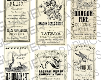 Dragon Pharmacy Bottle Labels Halloween Witch Potion Bottle Tags Digital Download Printable Dragon Drug Label Collage Sheet Scrapbook Image