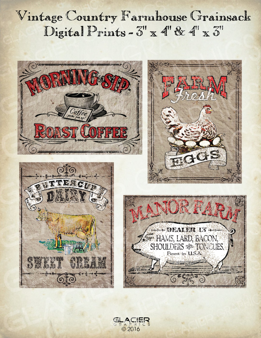 Country Farmhouse Printable Grain Sack Prim ATC Vintage Farm ACEO Cards ...