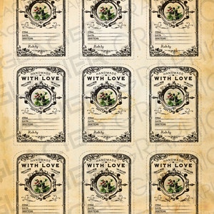 May include: Nine vintage-style labels printed on aged paper. Each label features the text "HANDMADE WITH LOVE" and a circular illustration of berries and flowers. The labels include space for item, date, and directions.