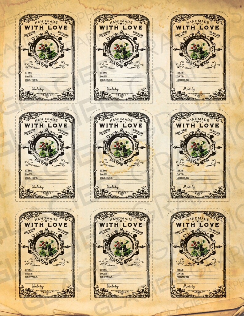May include: Nine vintage-style labels printed on aged paper. Each label features the text "HANDMADE WITH LOVE" and a circular illustration of berries and flowers. The labels include space for item, date, and directions.