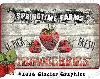 Vintage U-Pick Strawberries Primitive Labels Digital Download Country Farmhouse Printable Scrapbook Graphics Collage Sheet Clip Art  Images