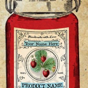 May include: A vintage-style jar filled with red preserves, featuring a decorative label with a strawberry illustration. The label includes the text "Handmade with Love", "Your Name Here", and "Product Name". The jar has a metal lid with a wire closure.