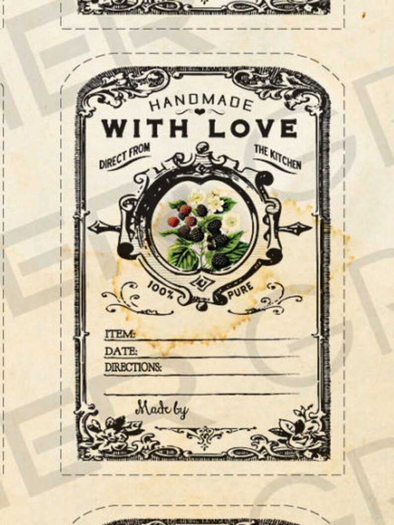May include: Vintage-style label with the text "HANDMADE WITH LOVE" and a central illustration of blackberries. The label includes space for item, date, and directions, and is bordered by decorative flourishes.