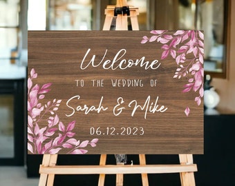 Rustic Wedding Welcome Sign, Wood Rustic Walnut Wood Wedding Sign, Welcome Wedding Signs, Personalised Wedding Sign - LANDSCAPE PINK VERSION