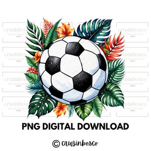 Futebol tropical PNG, sublimação de bola, design de futebol, flores em aquarela, plantas de hibisco do Havaí, parque de campo, adesivo digital clipart