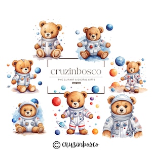 Clipart espace ours en peluche, lot de jouets, astronaute PNG, téléchargement numérique, graphiques de fête d'enfant, Faire-part d'anniversaire, usage Commercial
