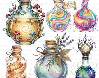 Potion Bottle Clipart PNG Bundle, Witch Apothecary Bottle Graphics for Stickers, Fantasy Craft, Commercial Use, Digital Download