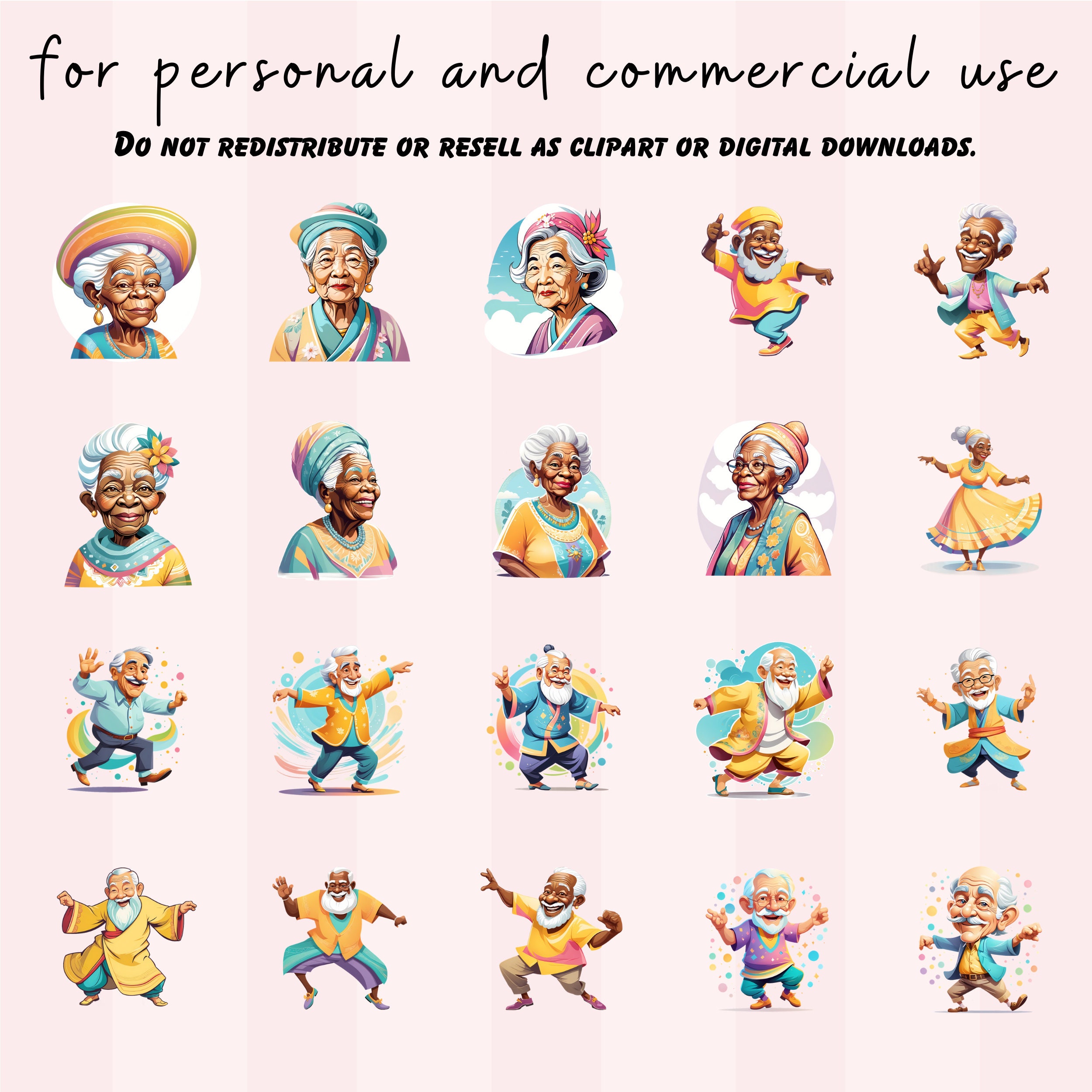 78 Elderly Cartoon Clipart Bundle, Diverse Senior PNG Graphics (digital ...