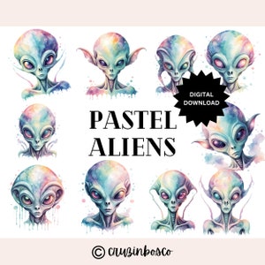 Watercolor Pastel Alien Clipart Bundle, Galactic Space Set, High Quality PNG, Party Wall Art, Invitations, Cake Decor, Commercial Use
