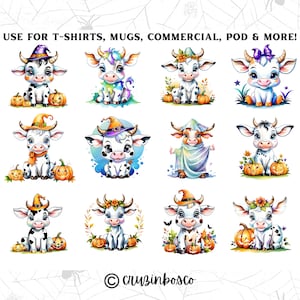 24 Pacote de clipart de Halloween de vaca bebê, conjunto de clipart de Halloween Mootastic, PNG de alta qualidade, uso comercial, arte de parede de berçário de Halloween
