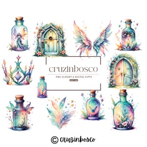 Fairy Potion Bottle Clipart Bundle, Magical Art Set, High Quality PNG, Witchy Doors Wings Dust, Invitation Clip Art Frame, Commercial Use