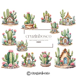 Imágenes Prediseñadas de la casa de cactus, Paquete del desierto floral, PNG, Descarga digital, Gráficos en miniatura de hadas, Cactus, Invitación, Uso comercial