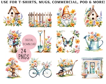 Lot de 24 cliparts, jardin printanier, ensemble PNG floral (téléchargement numérique)