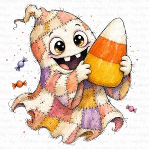 May include: A watercolour illustration of a ghost character made of patchwork fabric in shades of orange, purple, and cream, holding a large candy corn. The ghost has large, dark, sparkling eyes and two teeth, surrounded by small, colourful candy pieces.