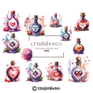 Love Potion Bottle Clipart Bundle, Magical Art Set PNG, Witchy Wall Art, Valentine Invitation, Commercial Use Digital Download