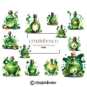 Irish Potion Bottle Clipart Bundle, Magical Art Set, High Quality PNG, Witchy Wall Art, St. Patrick&#39;s Day Invitation Clip Art