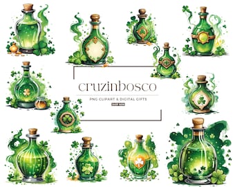 Irish Potion Bottle Clipart Bundle, St. Patrick's Day Art – 12 PNG Digital Download