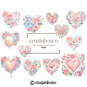 Colección de imágenes prediseñadas de corazones florales pastel, Paquete rosa de San Valentín, PNG de alta calidad, Fiesta de boda, Invitaciones, Decoración de pasteles, Uso comercial