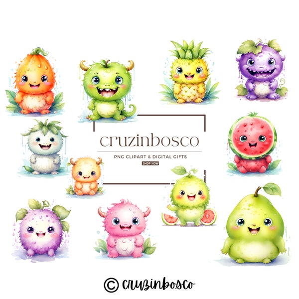 Friendly Fruit Monster Clipart, Kawaii Cute Food, Foodie Child Birthday Party Invite, Watercolor Storybook PNG, Sublimation Design