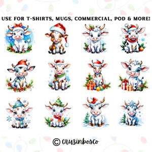 30 Pacote de clipart de Natal de vaca bebê, conjunto de clip art, vacas de Natal infantis, PNG de alta qualidade, uso comercial, arte de parede de berçário de férias