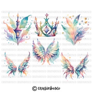 Puede incluir: Un conjunto de cuatro ilustraciones de acuarela que representan una corona, una lámpara y dos pares de alas. Las ilustraciones están pintadas en un arcoíris de colores con un estilo caprichoso de cuento de hadas.