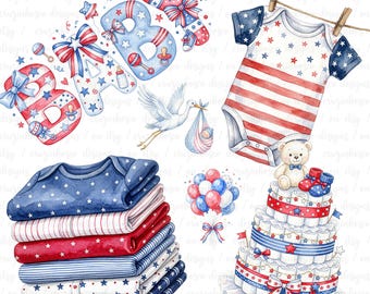 Americana Baby Shower PNG Bundle, Patriotic Baby Clipart, Red White Blue Teddy Bear PNG, 4th of July Baby Shower