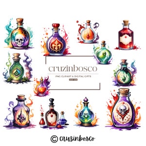 May include: A set of 10 colorful digital clipart images of potion bottles with various designs and colors. The bottles are surrounded by flames and smoke. The text "cruzinbosco PNG clipart & digital gifts shop now" is at the bottom of the image.