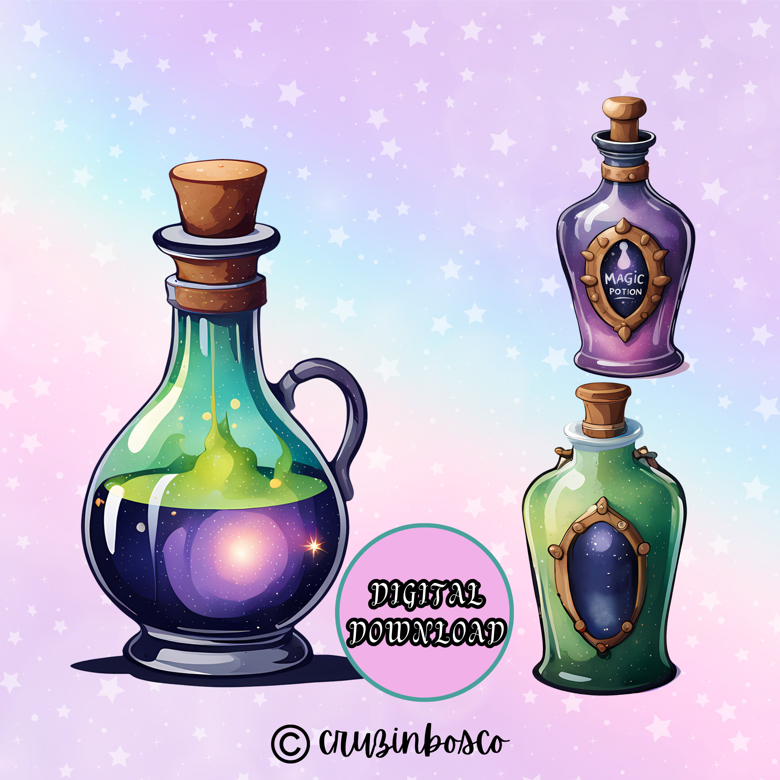 20 Potion Bottle Clipart Bundle, Magical Art Set, High Quality PNG ...