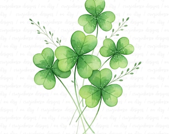 Clover Cluster Clipart Bundle - 12 PNG - Watercolor Shamrock Groups, St Patrick’s Day Green Floral Clip Art