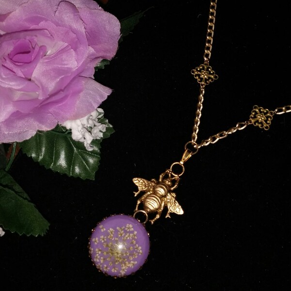 RESERVED Sweet As Honey Real Queen Annes Lace Necklace in Lavender