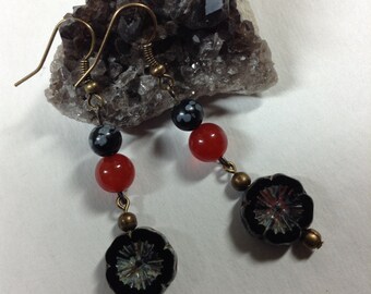 Snowflake Obsidian Floral Earrings