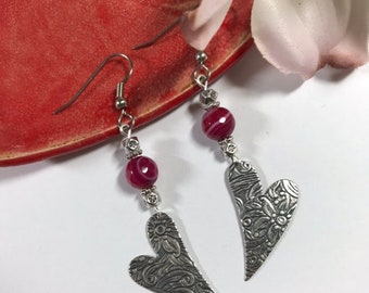 Faceted Red Agate Silver Heart Earrings