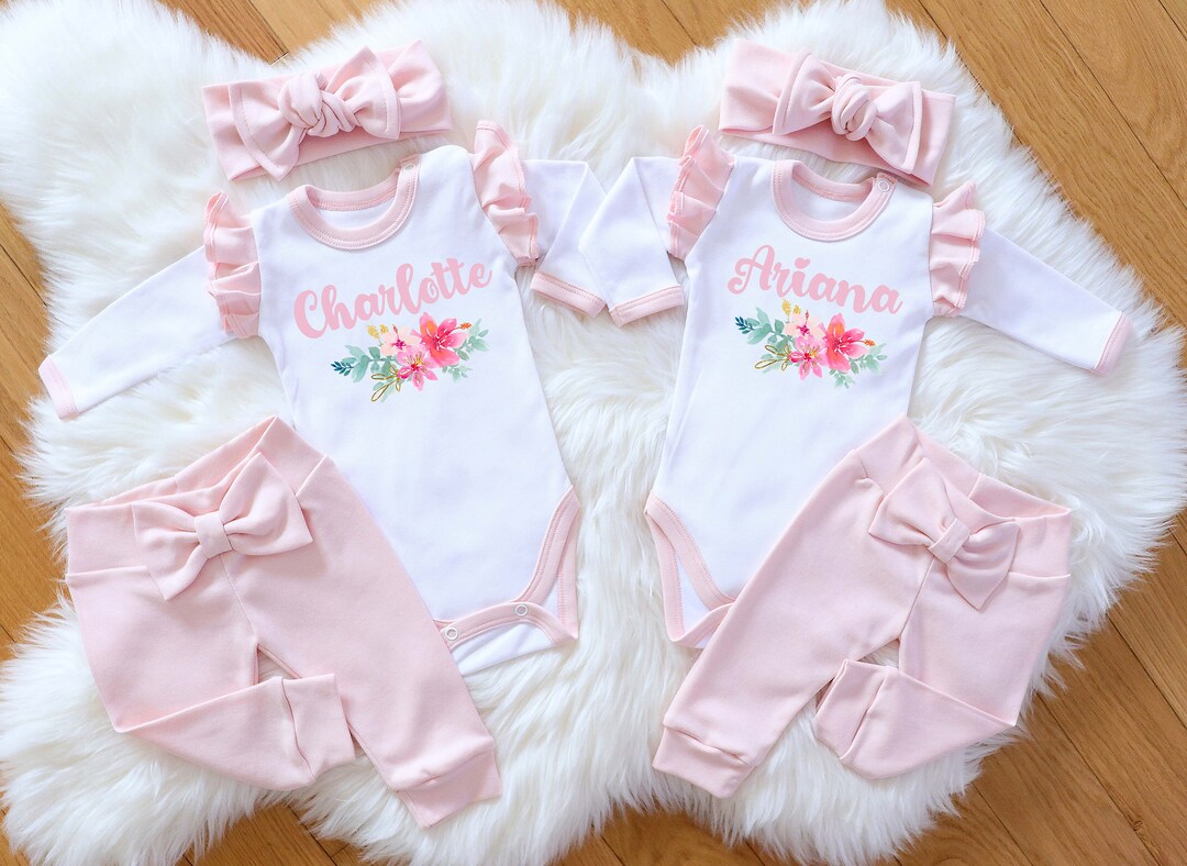 Custom Twin Baby Girl Sets. Personalized Twin Girl Outfits. Twin Girl