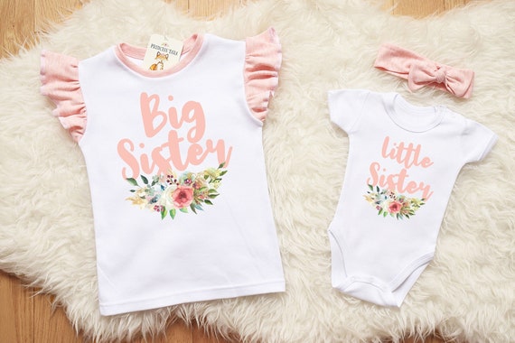 Personalised Big Sister Little Sister Pink Floral Wreath Matching Sibling Outfit 