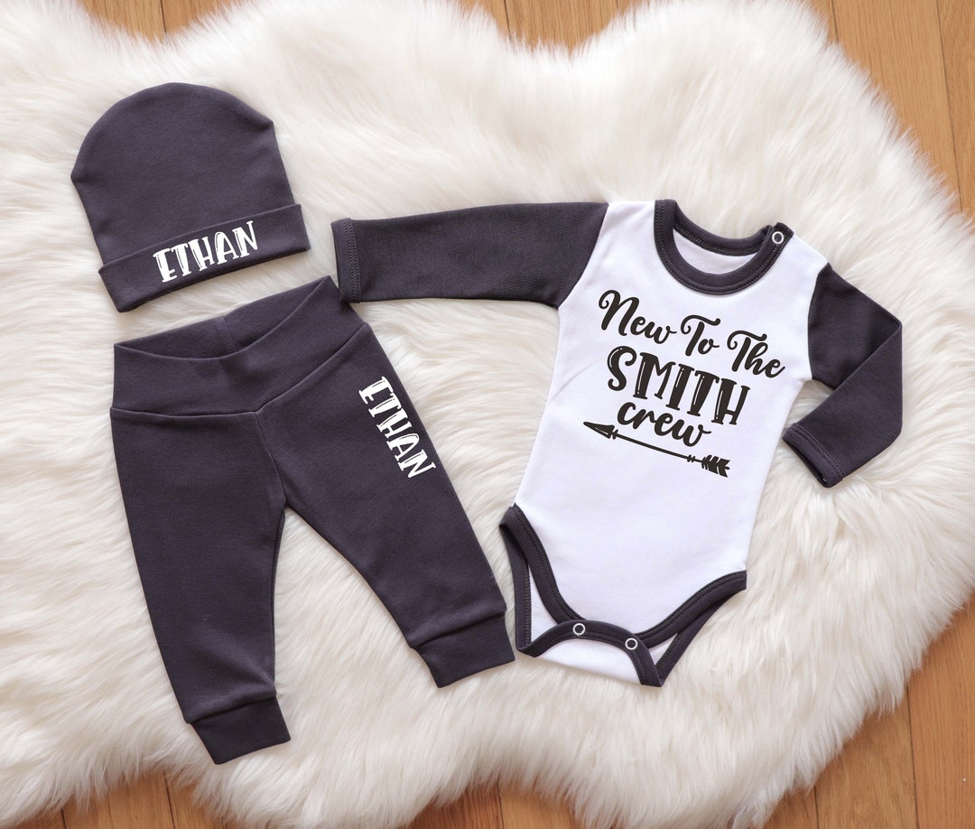 Custom 'new to the Crew' Coming Home Outfit. Dark Gray Baby Boy Set