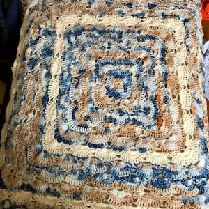 Transformable Handmade Lace Crochet Blanket/Long Cardigan - Nautical Blue and Sandy Tan