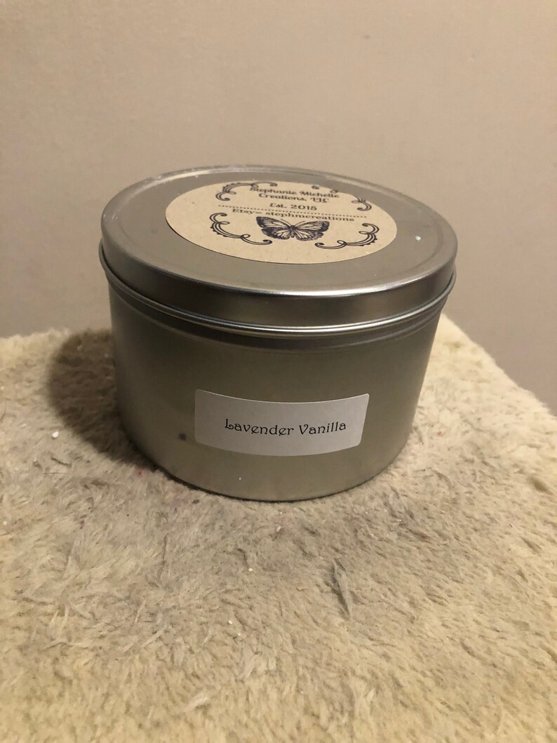 Lavender Vanilla 16 ounce Large Tin Soy Candle image 1