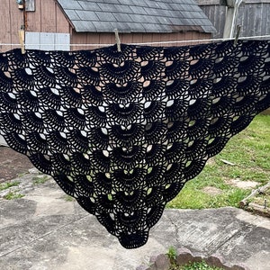 May include: A black crocheted shawl with a scalloped design hangs on a clothesline in a backyard.