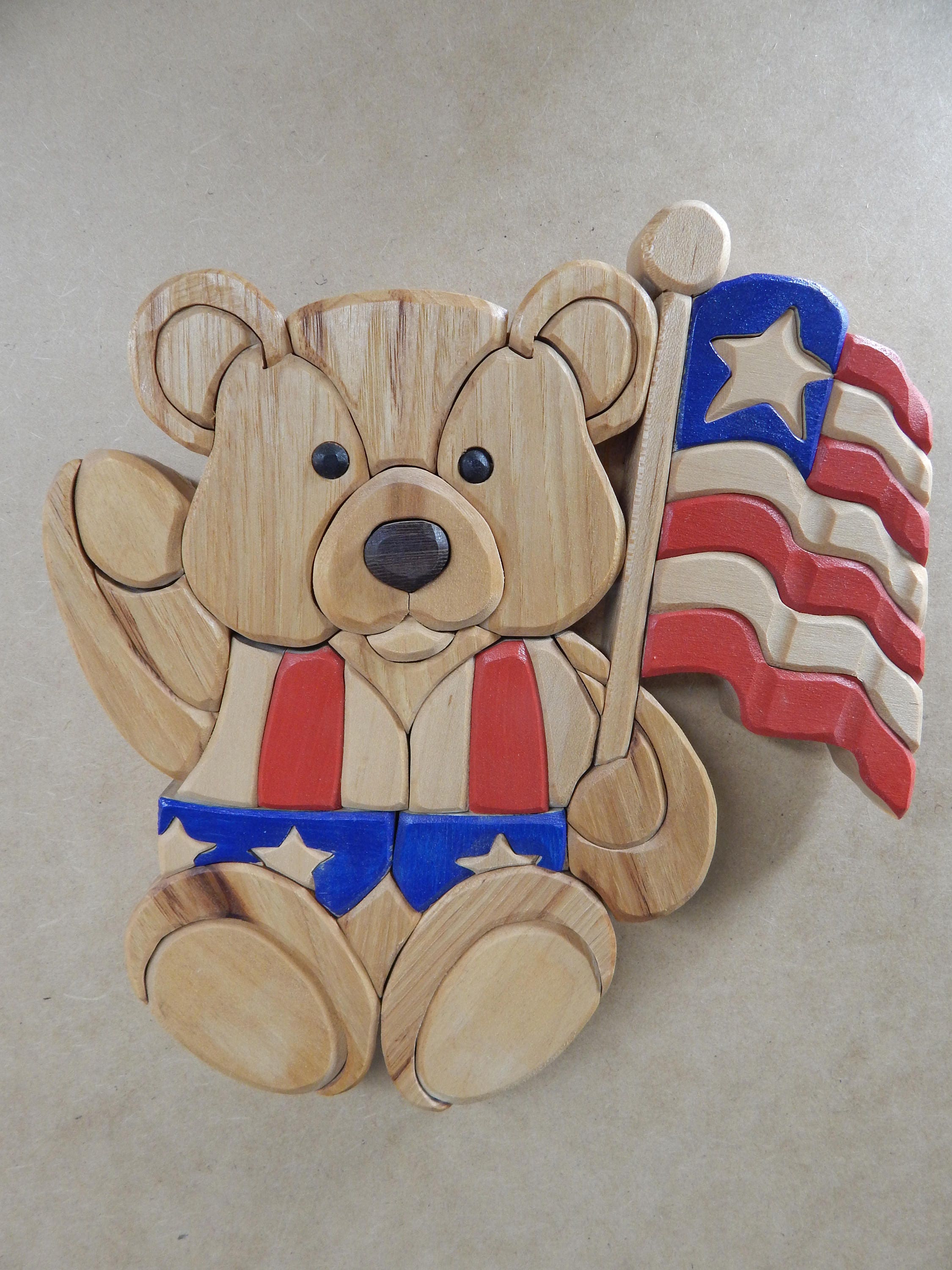 Teddybear Holding the American Flag, Wood Intarsia Wall Hanging
