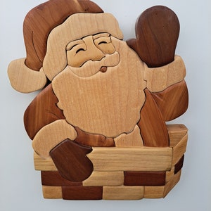 Santa Claus in Chimney, Wood Intarsia Wall hanging Handcrafted Scroll Saw Art
