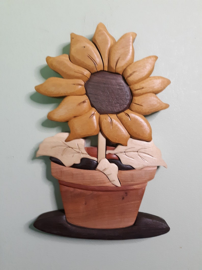 Sunflower Wood Intarsia Wall Hanging Scroll Saw Art Etsy