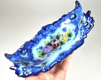 Vintage Vestal Alcobaca Oblong Trinket Dish or Planter in Flow Blue and Floral