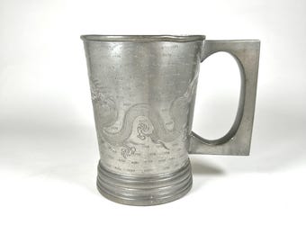 Pewter Tankard Stein with Chinese Dragon Motif and Glass Bottom #B4