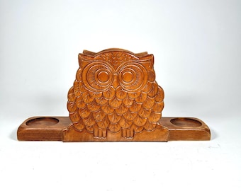 60s -70s Owl Wood Napkin Holder / Letter Holder